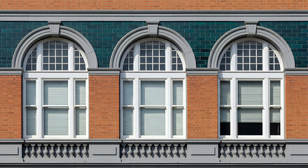 Obraz premium Three arched windows with white frames on brick building architecture