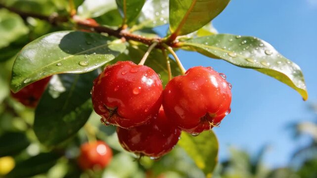 ripe red acerola cherries hanging on a leafy branch video