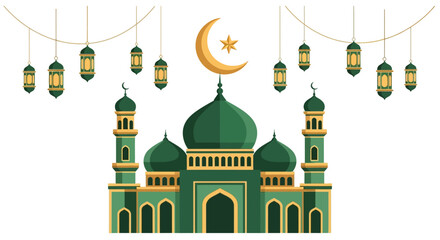 Obraz premium Eid al-Fitr journey vector illustration of a mosque with green domes and yellow accents, surrounded by lanterns and a crescent moon, symbolizing Islamic holiday travel and family homecoming.