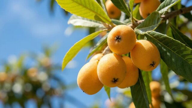 ripe loquats on a leafy branch in sunlight spain fruit video