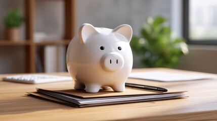 White ceramic piggy bank on wooden desk with stationery and blurred background of plants and office space, symbolizing savings and financial planning