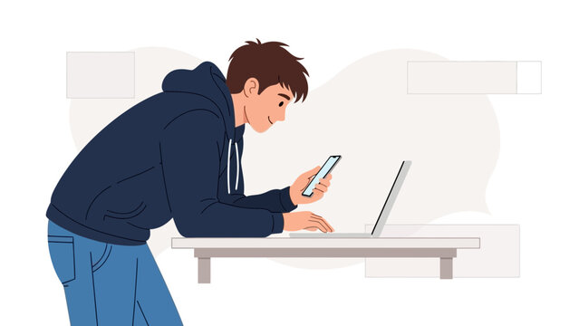 Young man using laptop and smartphone, multitasking, modern lifestyle, flat design