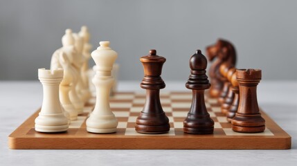 Close-Up View of Chess Pieces on a Wooden Board Highlighting Strategy and Competitive Gameplay for Chess Enthusiasts and Hobbyists in a Modern Setting
