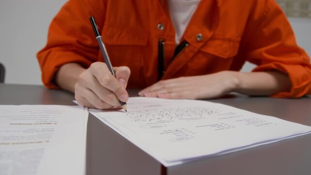 Close up shot of unrecognizable young woman as female inmate writing text on paper and doing assignments during class in prison education program, copy space