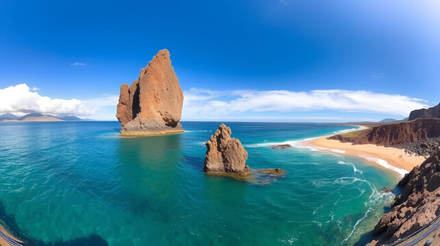 Wide angle panorama. Roque de Bonanza is one of the symbols of El Hierro island and its natives. Huge Rock sticking out of the water on the las Almorranas beach. El Hierro, Canary islands Spain