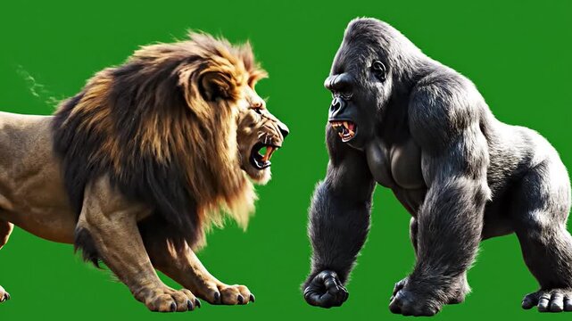 Ferocious lion roaring against grunting gorilla in confrontation on green screen background animated for visual effects