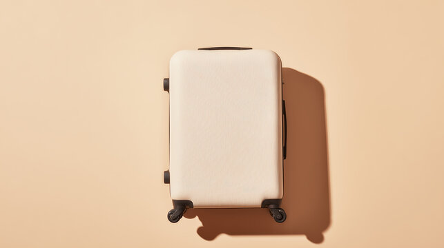 Beige hard shell suitcase on a soft peach background with natural shadow, minimalist travel concept for vacation, business trip, packing, and stylish, organized departure planning