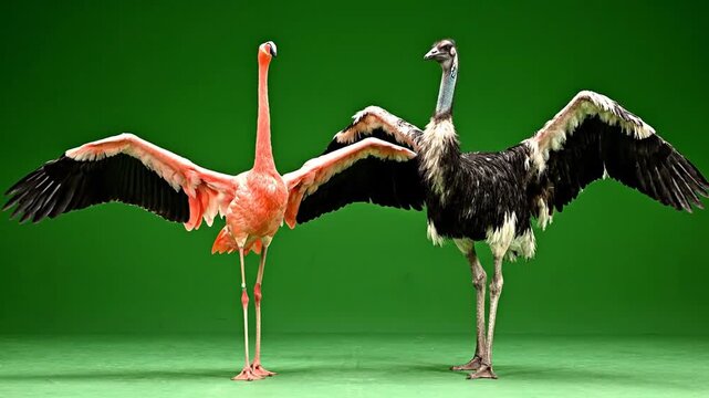 Flamingo and emu standing side by side on green screen spreading their wings animal stock footage