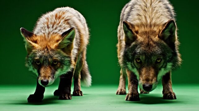 Fox and wolf stalking forward on green screen predatory animals isolated