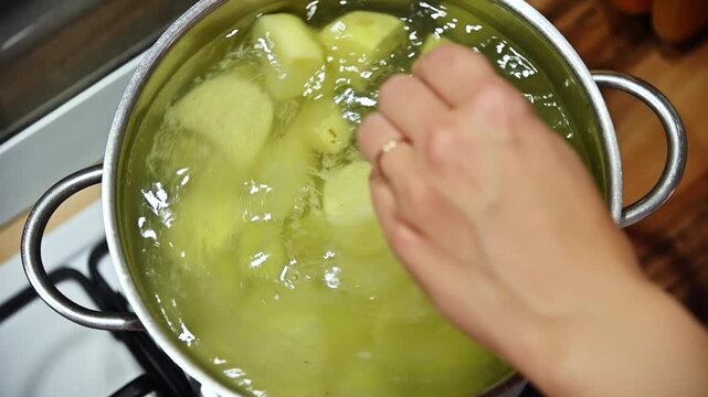 Hand of a woman stirring boiling potatoes in a pot on a gas stove, with bubbles rising in the water and wooden countertop visible in the background