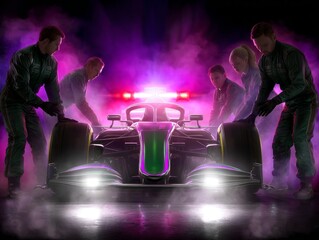 Naklejka premium Pit crew quickly services a race car on track at night under bright lights