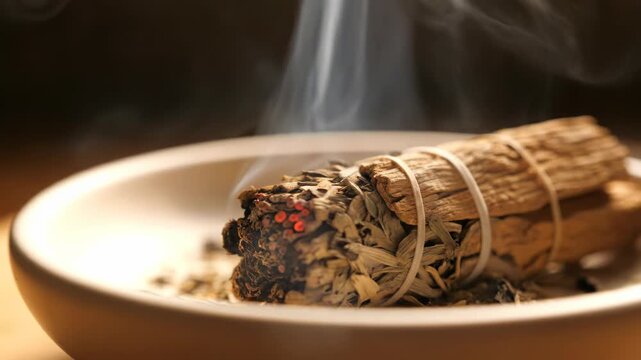 Burning sage smolders and releases fragrant smoke. A spiritual ritual for cleansing and purification.
