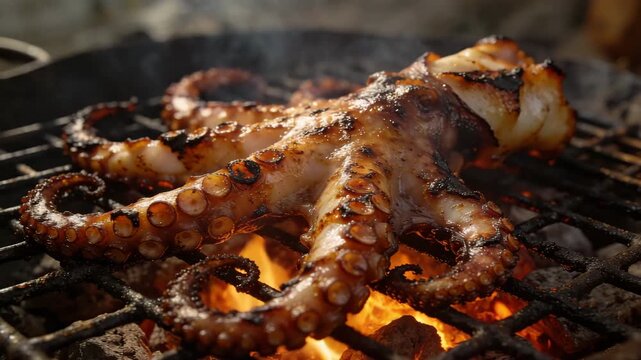 octopus grilling over an open flame, tentacles spread across a hot metal grill video