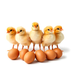 Fototapeta premium Five Cute Baby Chicks Standing In A Row Next To Brown Eggs Isolated On A White Background.