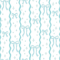 Elegant seamless pattern with blue stripes and bows. Holiday striped vector flat background in vintage coquette style. Festive design for wrapping paper, textiles and greeting cards