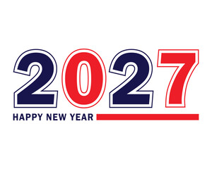 Patriotic red and navy blue 2027 happy new year text design with bold outlined numerals on a white background