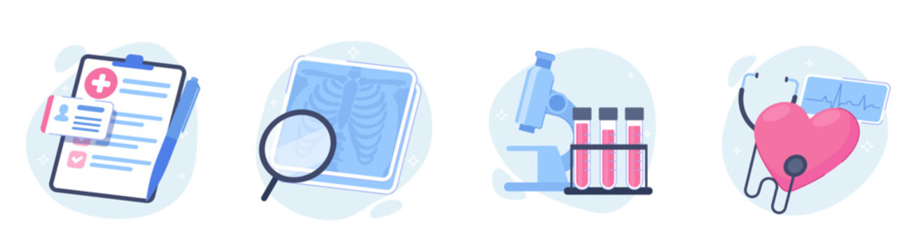 Medical healthcare diagnostics icon set with hospital report xray microscope blood test and heart cardiology symbols flat vector illustration isolated