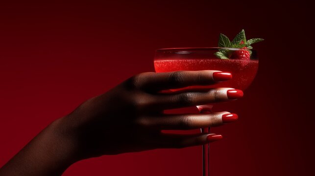 elegant female hand holding premium cocktail glass on red