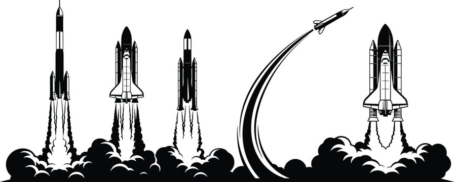 Rocket launch silhouettes, space shuttle liftoff, futuristic aerospace design, black and white vector illustration, space exploration concept, technology innovation, dynamic flight artwork