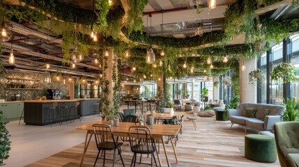 Fototapeta premium Modern coworking space with greenery, wooden furniture, and warm lighting showcasing a comfortable and inspiring environment for collaboration and creativity