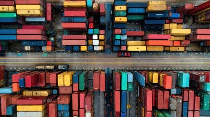 Obraz premium Aerial View of Colorful Shipping Containers in Busy Port, Logistics and Transportation Industry, Import and Export Operations in Modern City