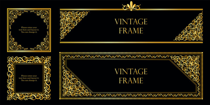 Luxury vintage gold frames collection with ornate baroque borders and elegant filigree corners isolated on black background, perfect for invitations, certificates, branding and packaging.