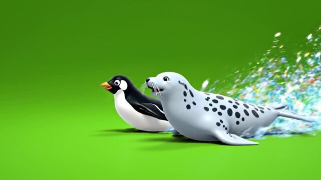 Playful cartoon penguin and seal running on green background with water animated 3d render