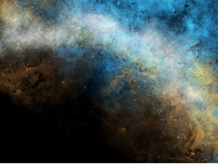 A vast cosmic nebula with swirling clouds of deep blue and golden brown dust illuminated by distant stars creating a sense of immense depth and celestial wonder in outer space