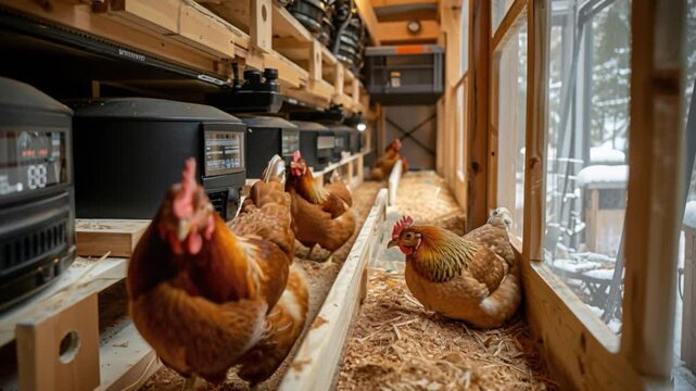Four chickens roam freely modern, well-lit indoor chicken house, equipped advanced poultry feeding systems, amidst warm cozy atmosphere, providing comfortable winter haven animals under farmer's care