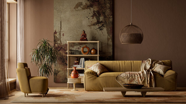 Moody japandi living room interior with earthy colors, textured wall art and warm ambient light for modern luxury homes. 3D illustration