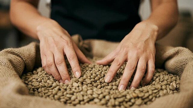 Woman sorting raw coffee beans by hand in a burlap sack indoors, coffee production process, quality control and artisan work concept.