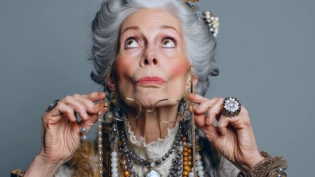 Eine elegante, etwas exzentrische &auml;ltere Frau in sehr guter Kleidung und mit edlem Schmuck blickt in die Kamera, Generative AI