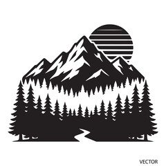 Fototapeta premium Mountain peak and pine forest silhouettes are an adventure tourism logo design element isolated on a transparent background.