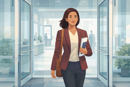 A professional woman walking through office building glass doors with a file and phone