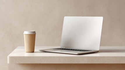 Fototapeta premium Modern workspace scene featuring a sleek laptop and disposable coffee cup on a minimalist counter with a neutral background for creative inspiration