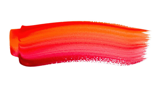 expansive, hyper-detailed macro of a horizontal scarlet, orange, and crimson watercolor brushstroke, showcasing wet texture and granulation on a crisp white background concept for high-end design
