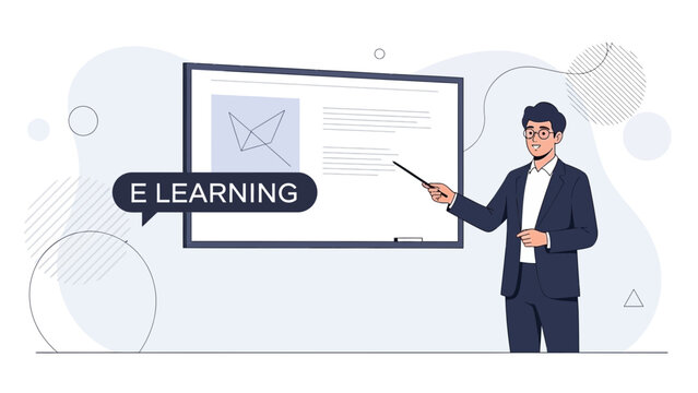 Man teaching online course on e-learning platform with digital whiteboard