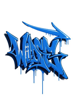 abstract wildstyle graffiti tag in electric blue spray paint with thick strokes, heavy drips, and an arrow flourish, macro photo showing granular texture against white, concept of urban street art