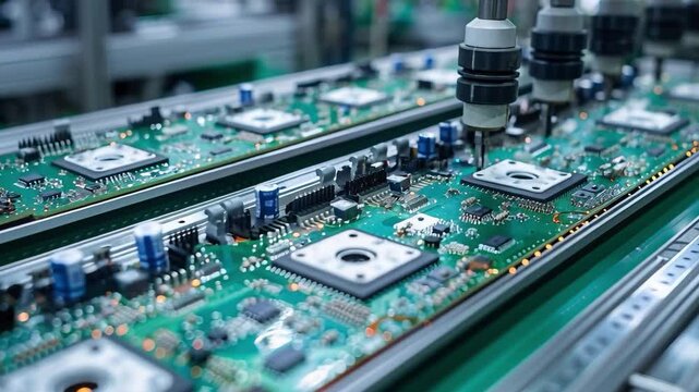 High-tech robotic arms swiftly assemble intricate electronic components onto circuit boards along a precise assembly line within a state-of-the-art electronics manufacturing facility