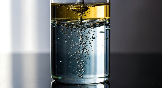 Oil and water separation in a beaker, scientific experiment, liquid layers