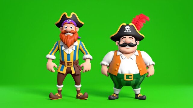 Two cheerful cartoon pirate characters standing against a green screen background for digital compositing