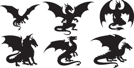 Obraz premium Six different types of dragons in black and white illustration