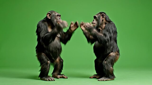 Two chimpanzees clapping hands on green screen background interacting and communicating with each other