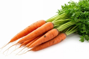 Fresh bunch of organic carrots with green leafy tops on white background