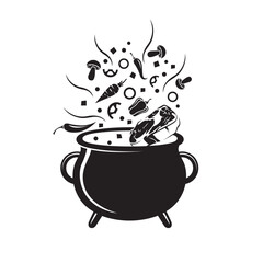 cooking process of vegetables and meat on cauldron isolated on white background