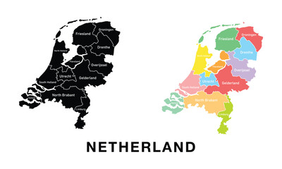 Netherland map set. Black silhouette map and colored detailed map. Vector on white background.