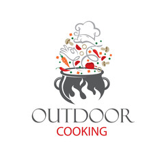 cooking process of vegetables and meat on cauldron isolated on white background