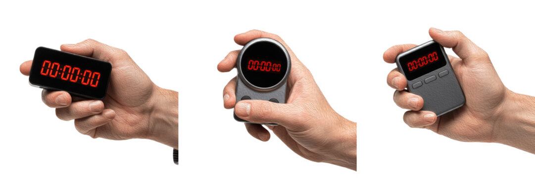 Set and collection of hand holding digital stopwatch and kitchen timer with red led display in different poses isolated on white transparent png background
