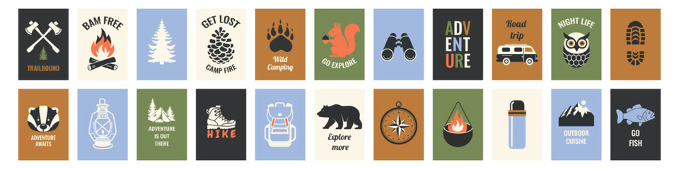 Outdoor adventure vector set with camping icons, woodland animals, tents, mountains and badges. Hand drawn nature graphics and quotes for stickers, posters, apparel and outdoor themed designs. © Loya.art