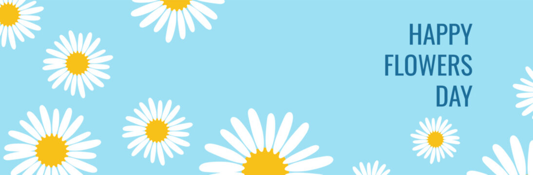 "Happy Flowers Day" horizontal banner with white daisy flowers on a light blue background. Minimalist floral greeting card or website header illustration.